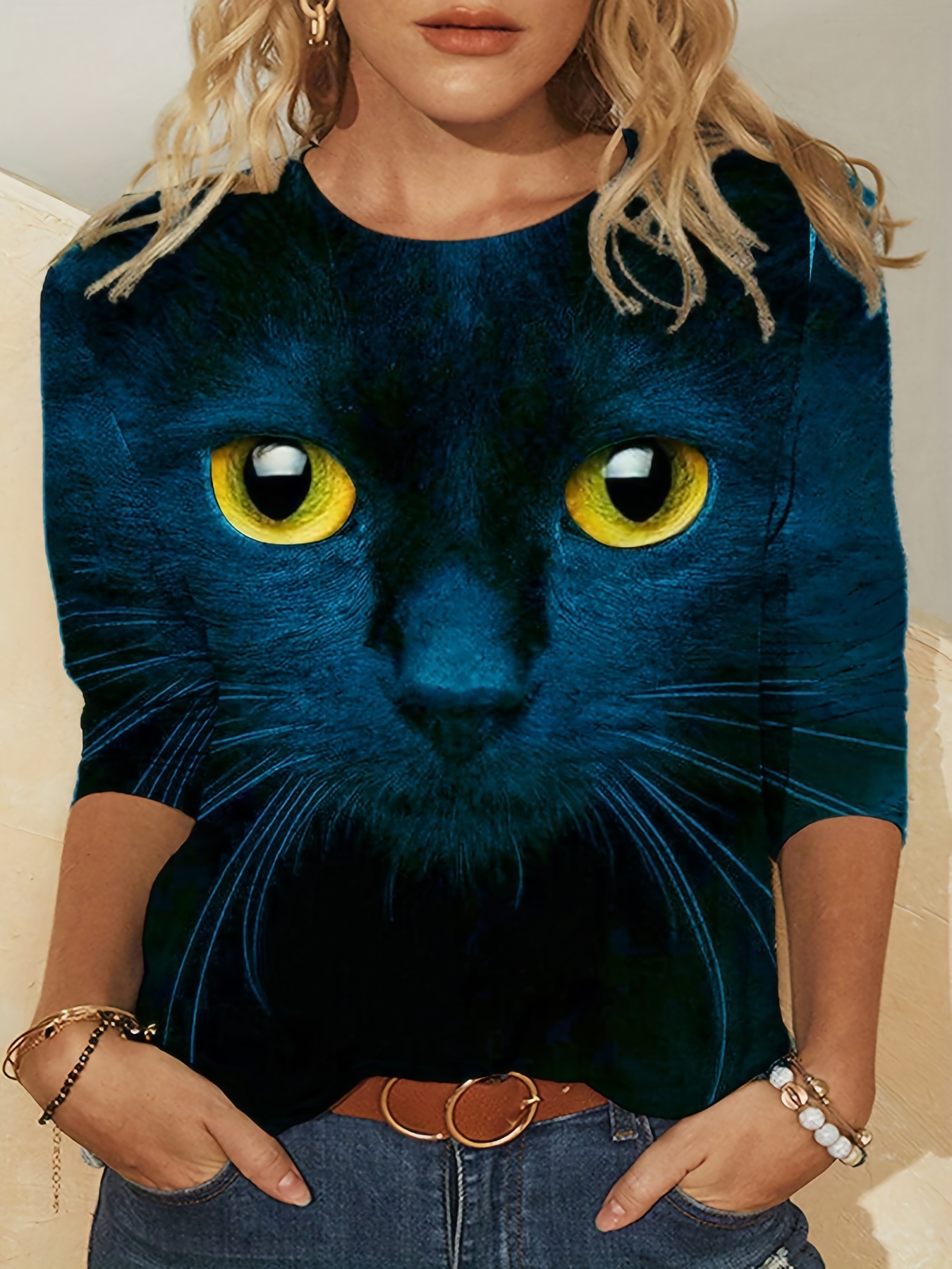 animal print crew neck t shirt casual long sleeve top for spring fall womens clothing details 6