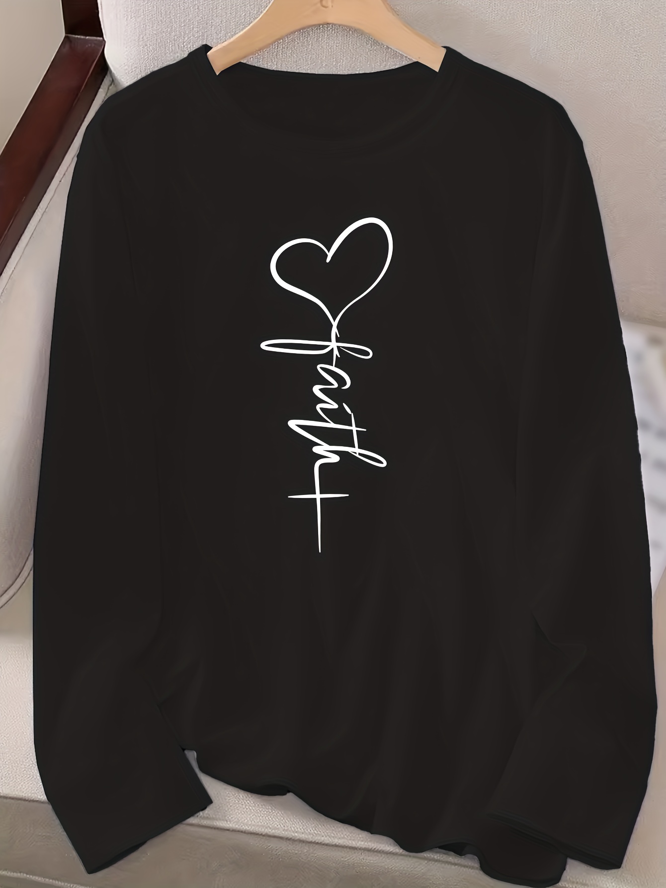 faith print crew neck t shirt casual long sleeve top for spring fall womens clothing details 22