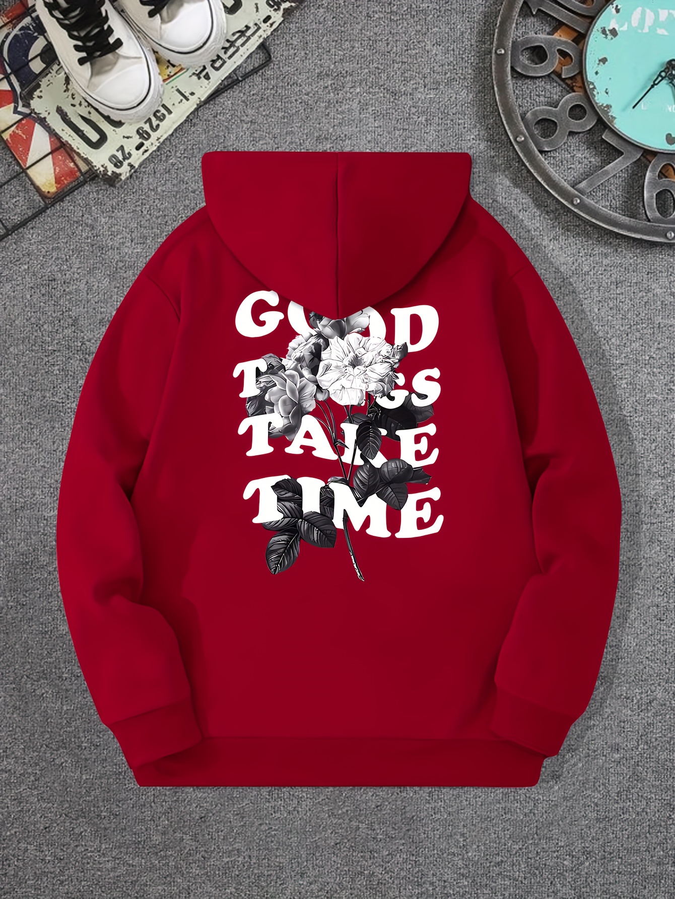 letter flowers print hoodie cool hoodies for men mens casual graphic design pullover hooded sweatshirt with kangaroo pocket streetwear for winter fall as gifts details 12
