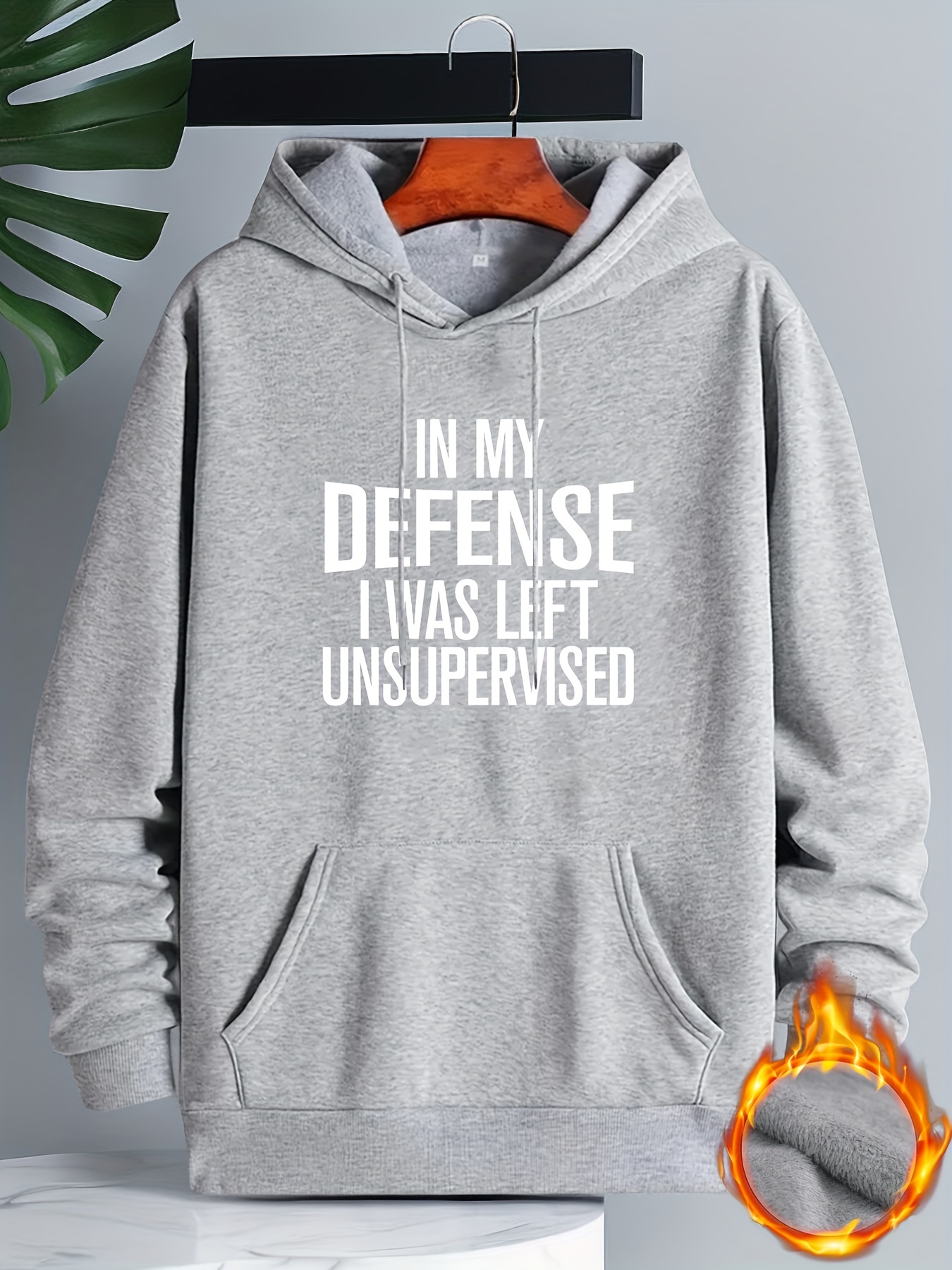letter print warm hoodie with kangaroo pocket mens casual pullover hooded sweatshirt details 0
